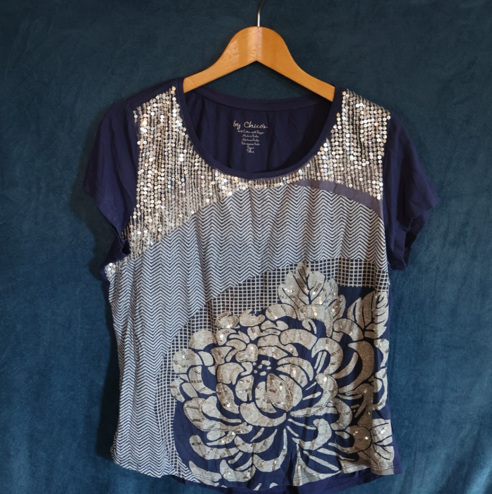 Chico's Blue and Silver Sequin Floral Top